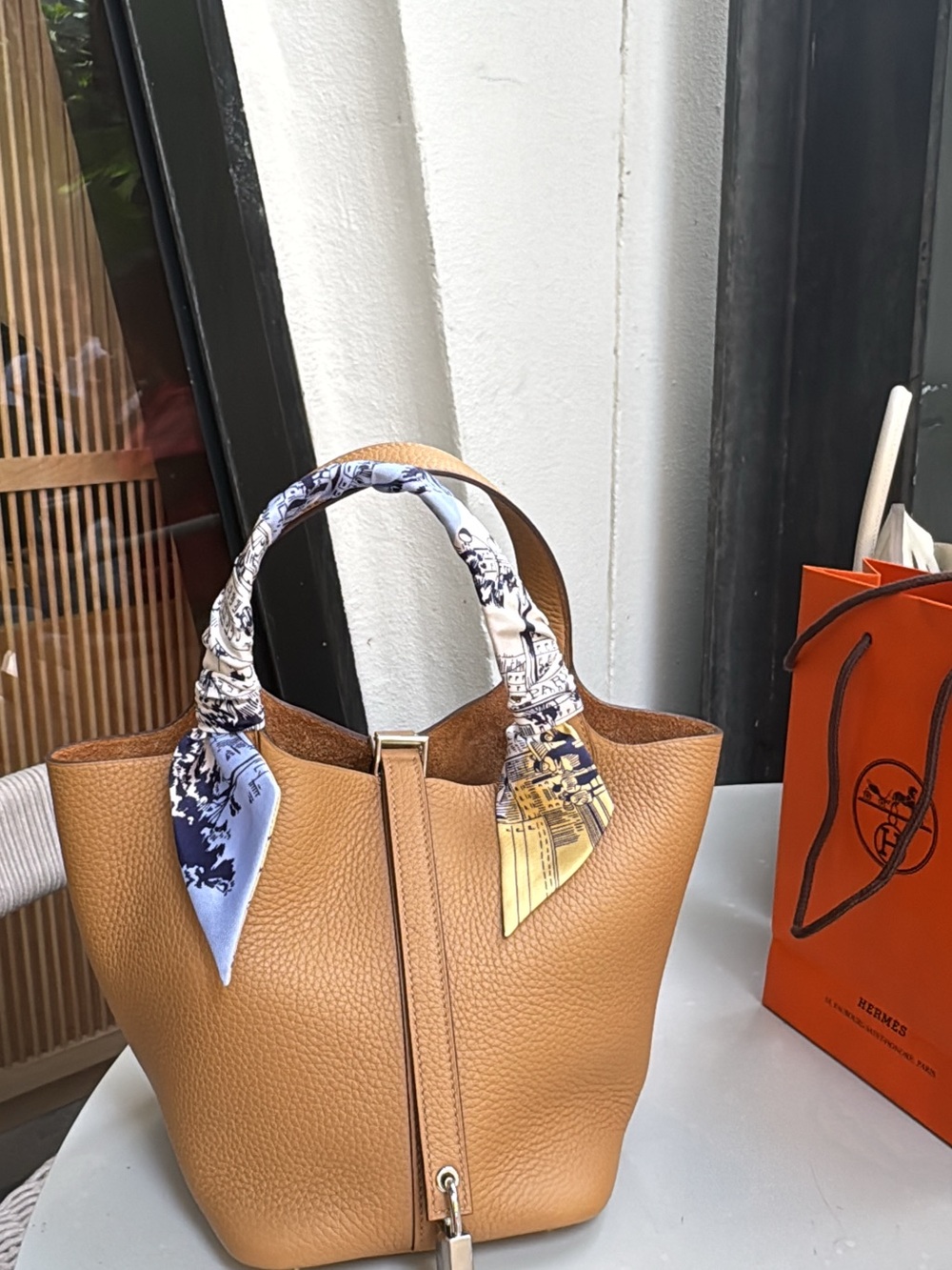 Hermes Tan Leather Tote with Blue Scarf-Wrapped Handles